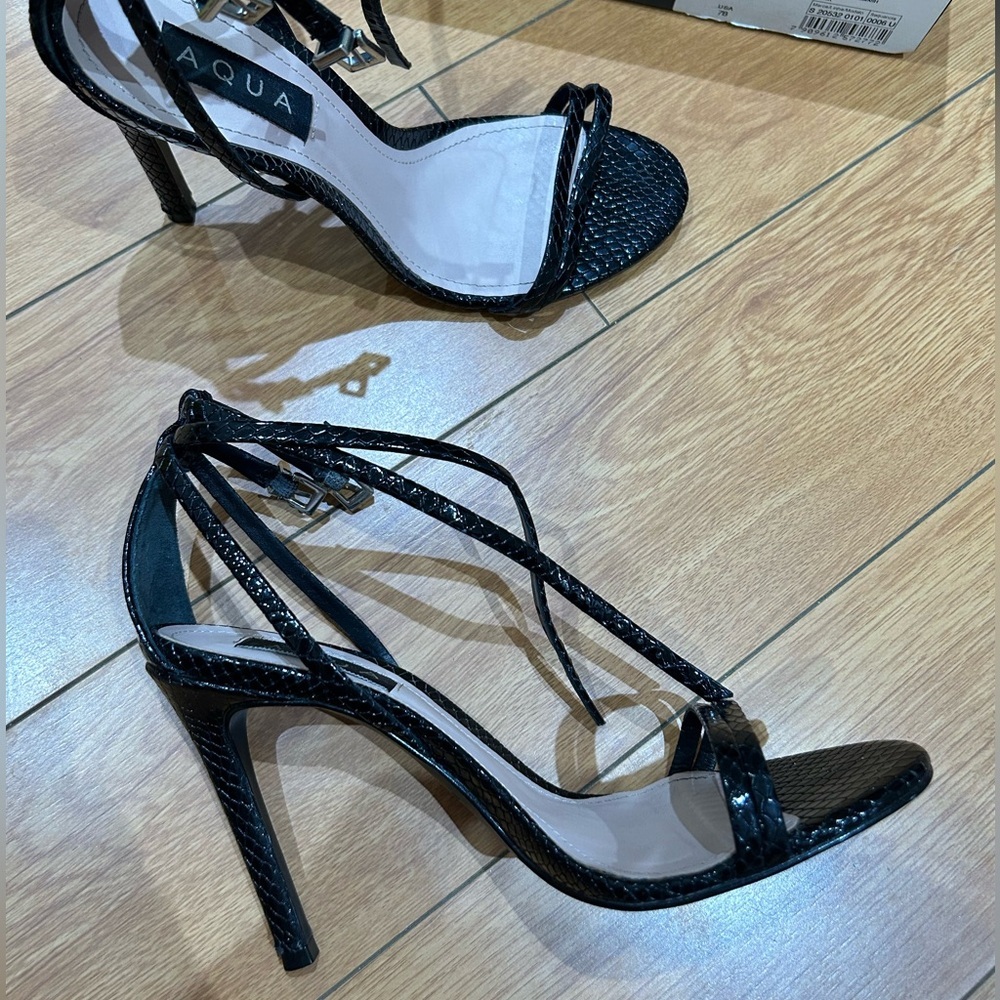 Aqua strappy faux snakeskin heels​